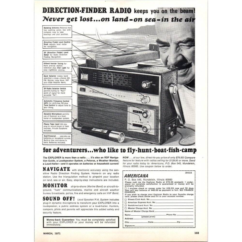1971 Americana Broadmoor Explorer Direction Finder Radio Vintage Print Ad Art